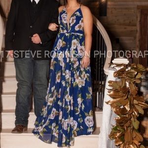 Faviana Blue Floral Formal Dress with a corset back.